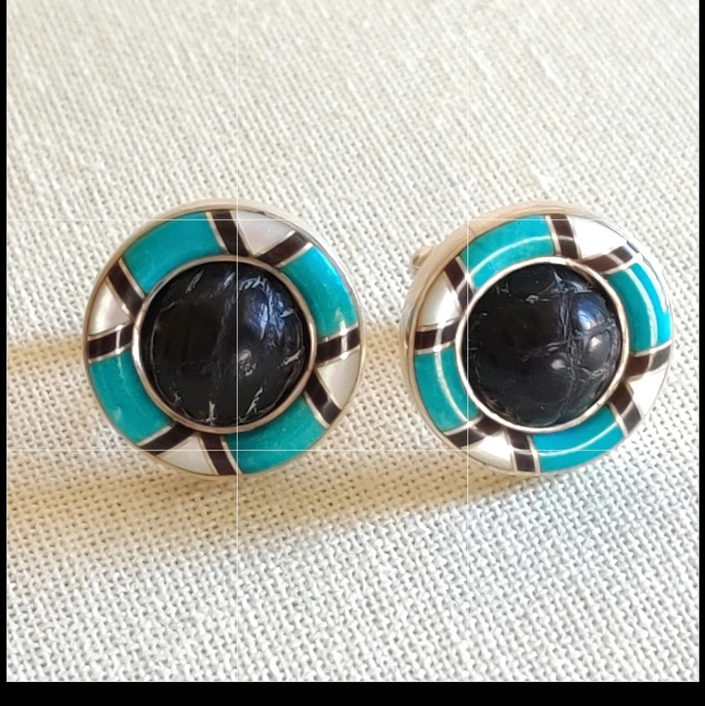 Vintage STERLING artisan made onyx and turquoise cuff links